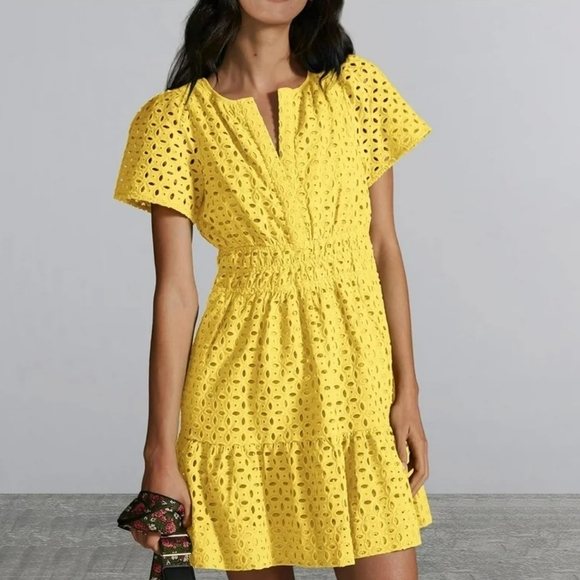 Anthropologie Dresses & Skirts - Anthropologie Somerset Canary Yellow Eyelet Mini Dress Size 2X Spring Easter